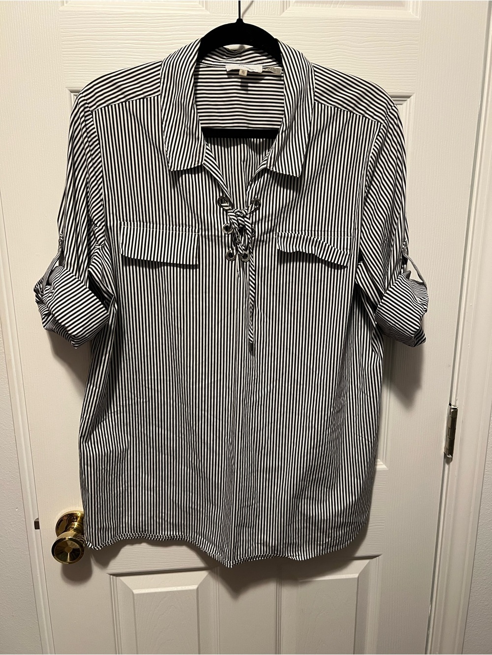 Calvin Klein Black and White Striped Lace-Up Women's Button Down Shirt